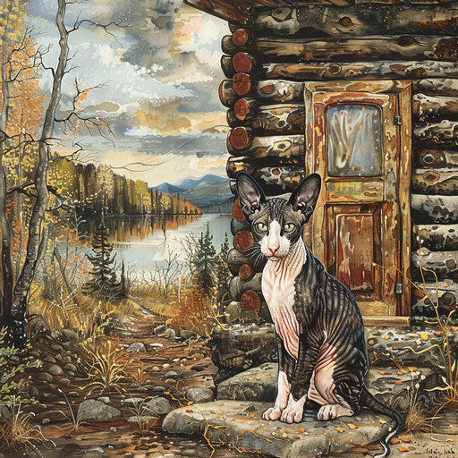 Cornish Rex cat sitting in front of a log cabin