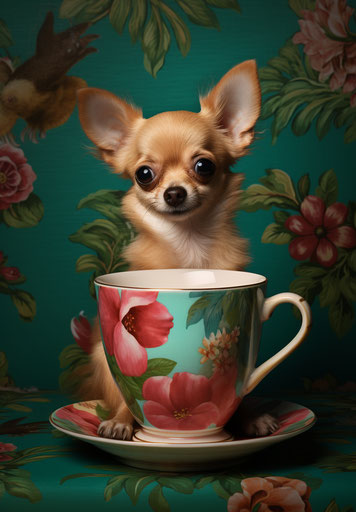 Chihuahua dog in a cup, tropical symbolism style