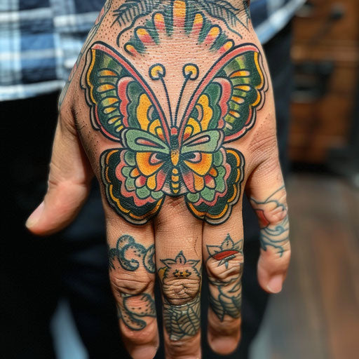 Butterfly hand tattoo with whimsical themes