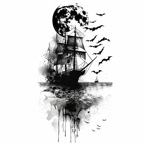 Gothic beach scene with full moon, bats, haunted ship