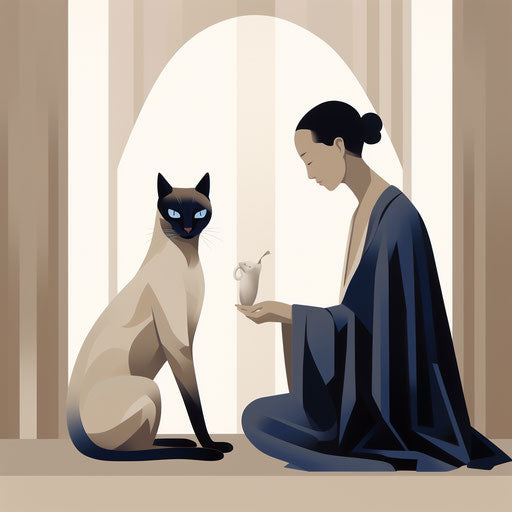 Two cats: a Siamese being petted, minimalist elegance