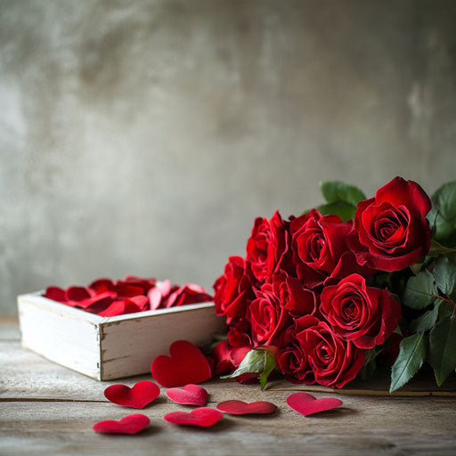 Bouquet of red roses on old wooden table