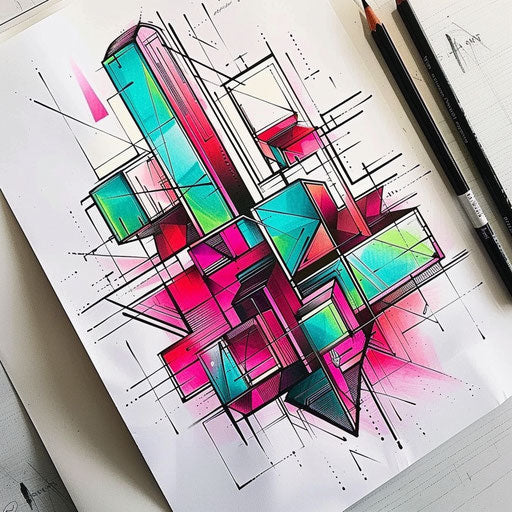 Futuristic geometric tattoo design with 3D cubes and neon colors