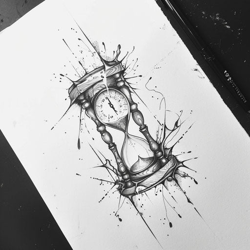 Flat tattoo sketch of an enigmatic hourglass with sand that seems to flow upward