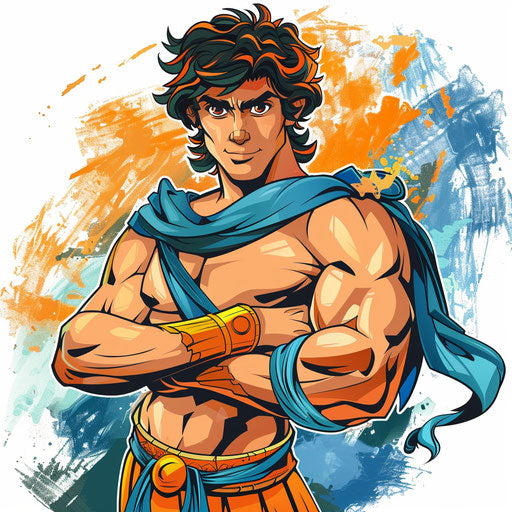 Sketch of a youthful Hercules, cartoonish clipart with bright colors