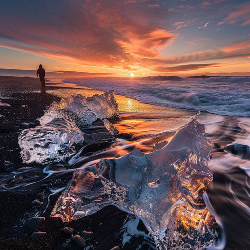 Silhouette of ice formations at Diamond Beach, Iceland at sunset