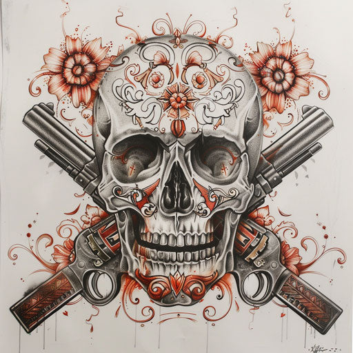 Tattoo sketch of a Chicano art skull with crossed pistols, bold and striking