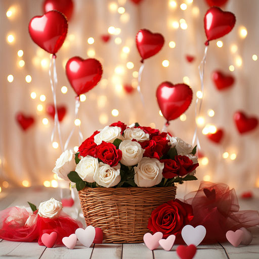 Valentine's Day atmosphere with roses and heart balloons
