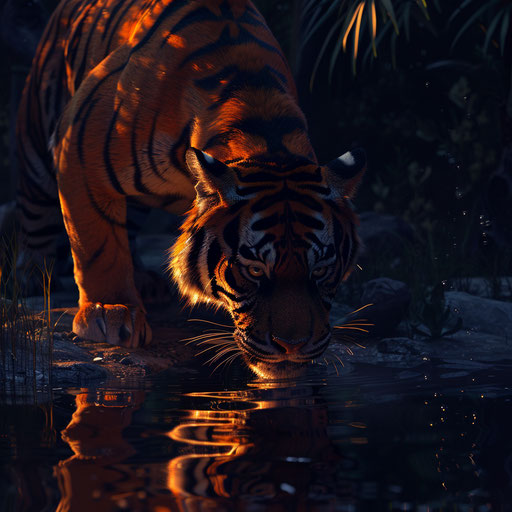 A tiger drinking from a moonlit pool