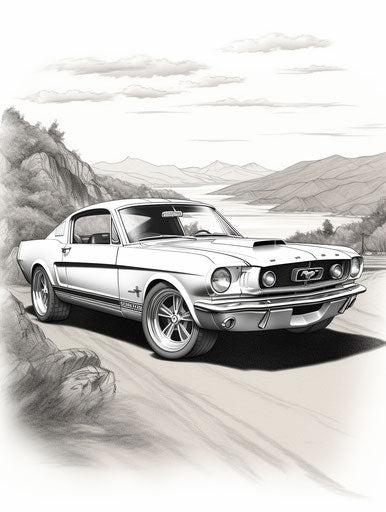 Classic Mustang car in sheet film style Provia light gray 3:4