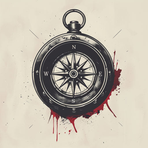 Flat tattoo sketch in clipart style of a nautical compass with detailed cardinal points in bold black and gray