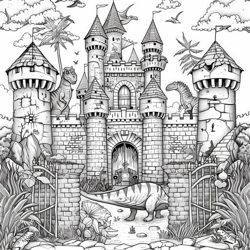 Enchanted castle with dinosaurs guarding the gates