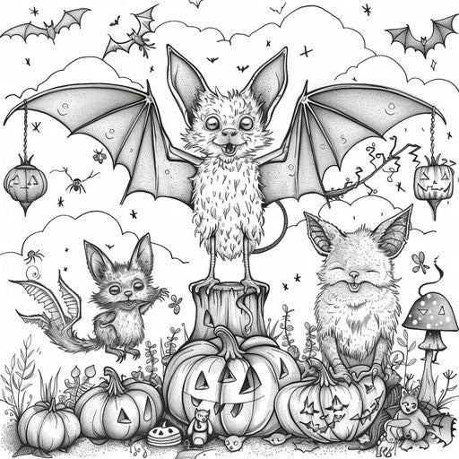 Whimsical bat having fun at a Halloween party with other creatures. Coloring book page
