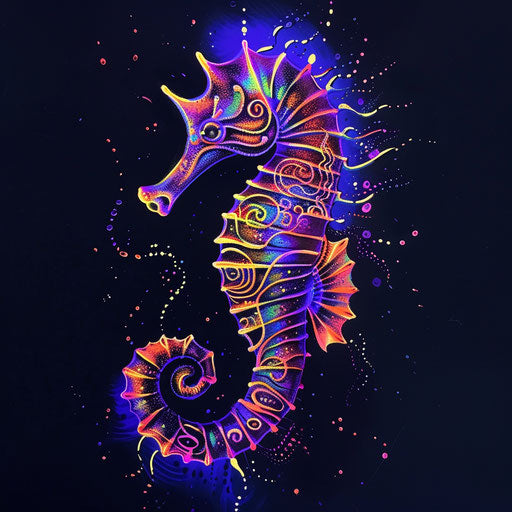 Neon seahorse tattoo sketch in glow-in-the-dark colors
