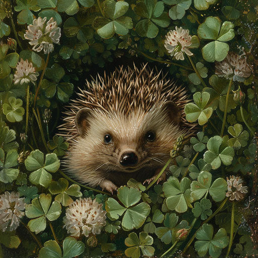 Hedgehog in clover, symbol of luck and prosperity