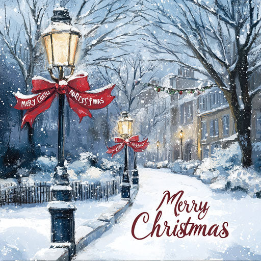 Snowy street scene with lampposts adorned with banners saying Merry Christmas