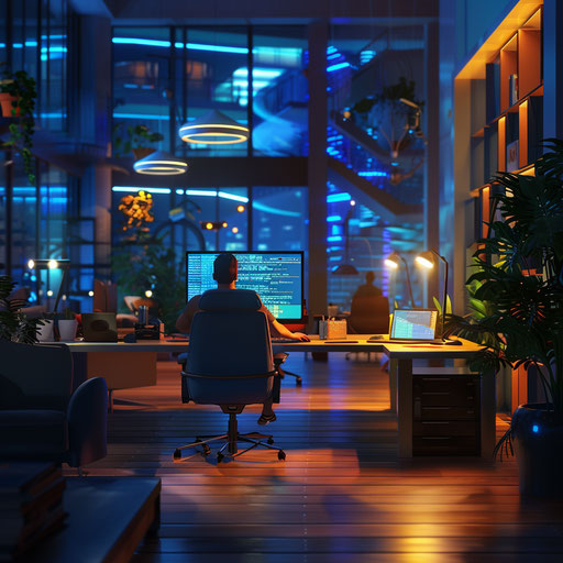 Tech entrepreneur coding late night in startup hub