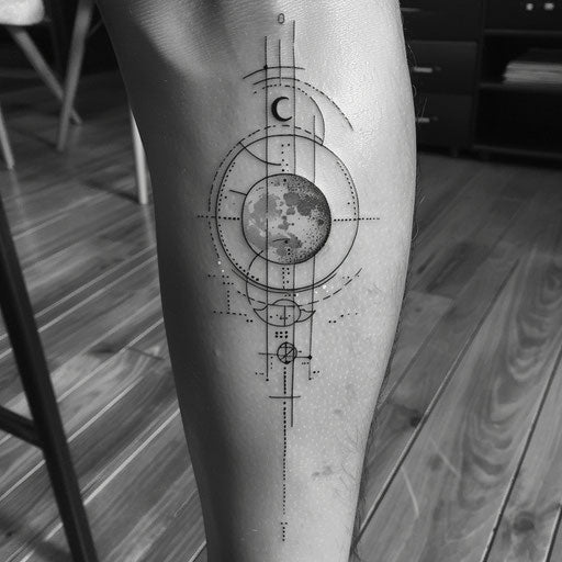 Minimalist geometric tattoo sketch of a crescent moon