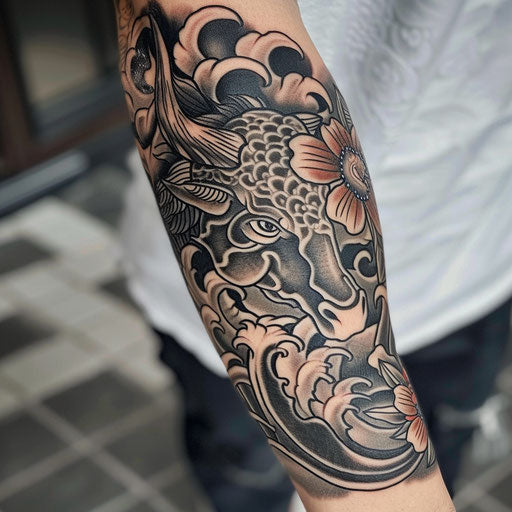 Traditional Japanese bull tattoo with intricate patterns and waves