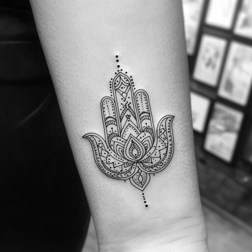 Hamsa hand tattoo with geometric design in gray on white