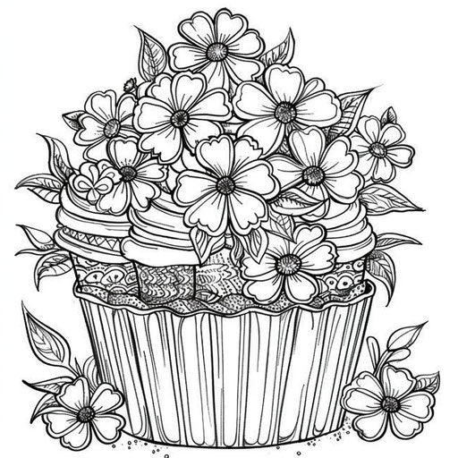 Floral mandala cupcake in the style of Mindy Sommers Coloring book page