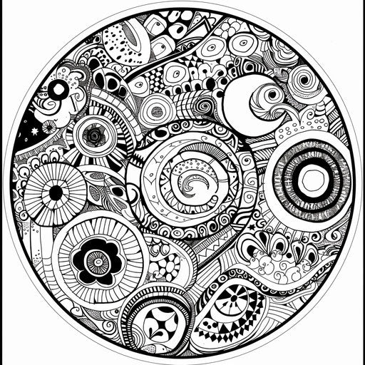 Playful circular design with symbols and doodles