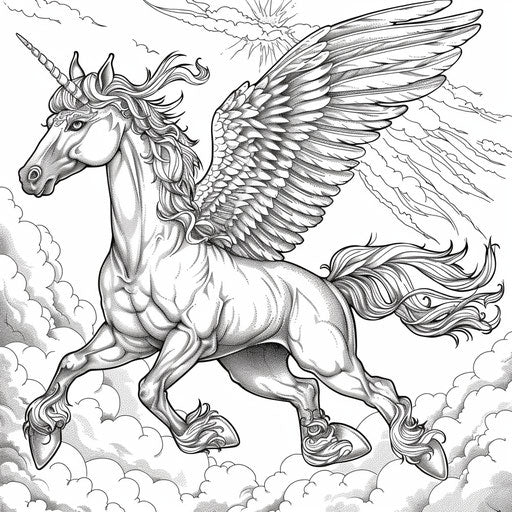 Majestic Pegasus flying with spread wings in the sky