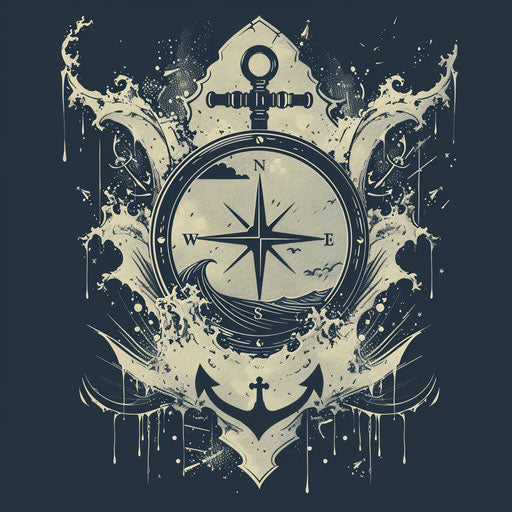 Nautical map logo with anchors, waves, and compass