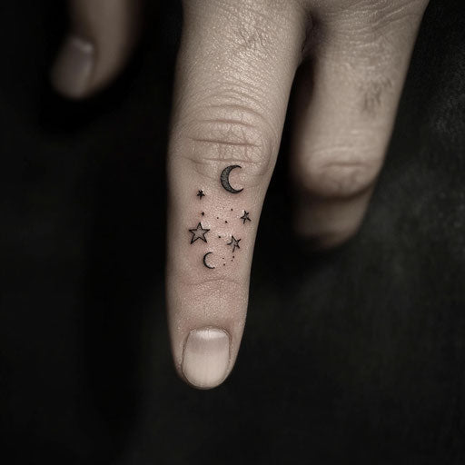 Tiny finger tattoos in the style of David Palumbo showcasing delicate celestial stars and moons