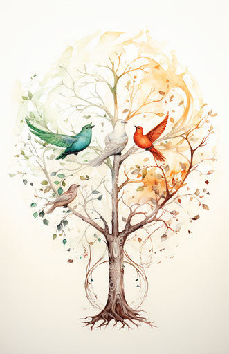Earthly tranquility, birds and feathers, watercolor art