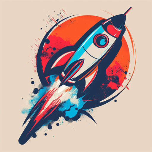 Dynamic flat tattoo sketch of a rocket blasting off with speed lines, vivid red and blue, clipart style