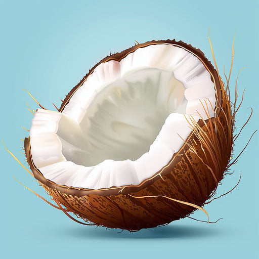 Coconut clipart in photorealistic style on a light blue background with soft focus and light texture