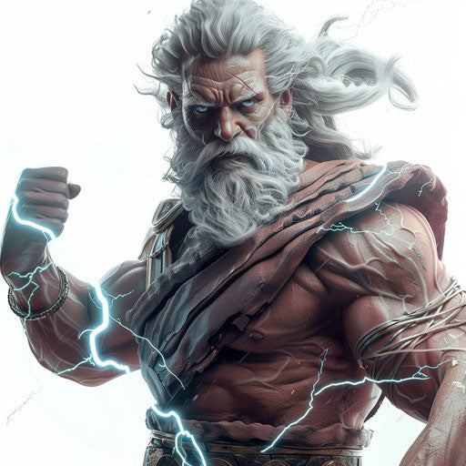 Realistic Zeus clipart on flat white background, dynamic lighting and sharp detail