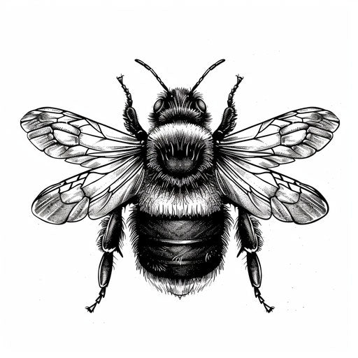 Intricate black and white line art of a bee, tattoo design