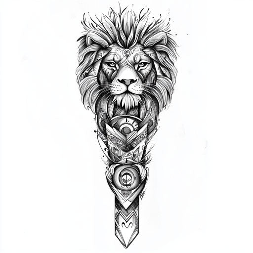 Men's bracelet tattoo with lion head motif and tribal accents