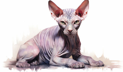 Sphynx cat on white background, dark silver and light purple style