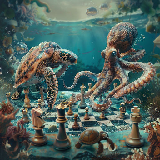 A whimsical scene of an octopus playing chess with a sea turtle