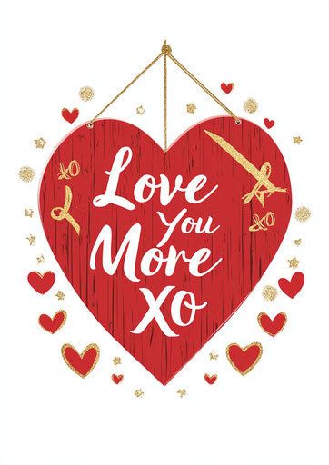 Heart-shaped sign with 'Love You More' and arrow