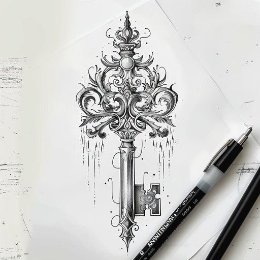 Stylish flat tattoo sketch of an ornate key with magical engravings