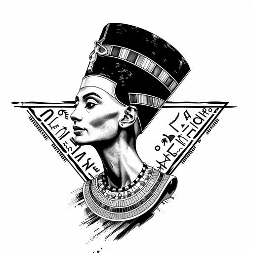 Elegant flat tattoo sketch of Nefertiti with hieroglyphic elements in the background