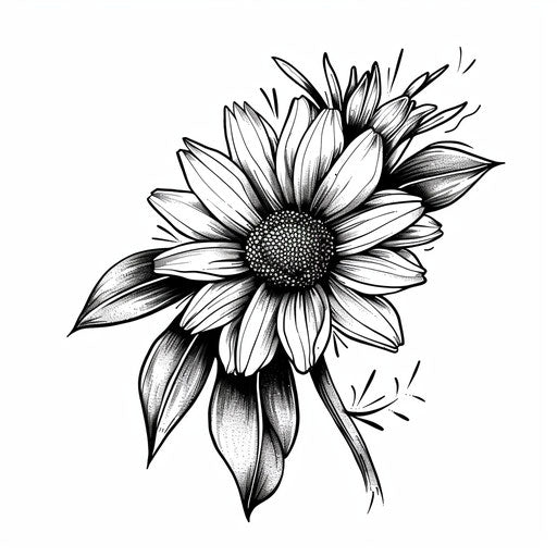Sleek tattoo sketch of a daisy, clipart style in black and white