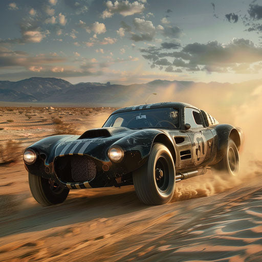 Vintage Shelby Daytona hotrod with oversized tires and a supercharged engine, roaring through a desert landscape