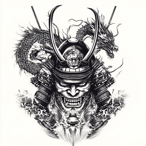 Yakuza back tattoo with samurai helmet and fierce dragon
