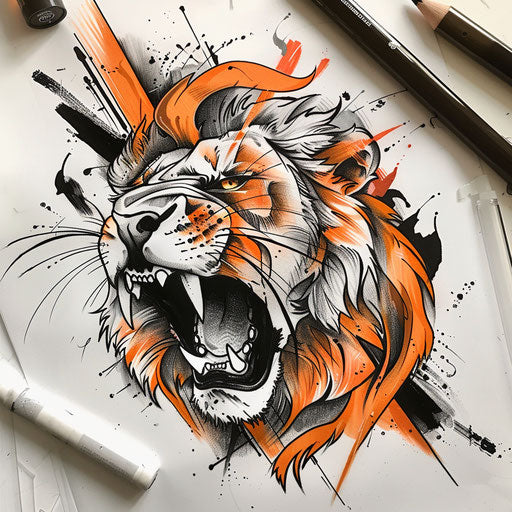 Bold sketch of roaring lion with dynamic orange and black strokes