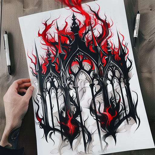 Gothic fire tattoo design, dark and brooding