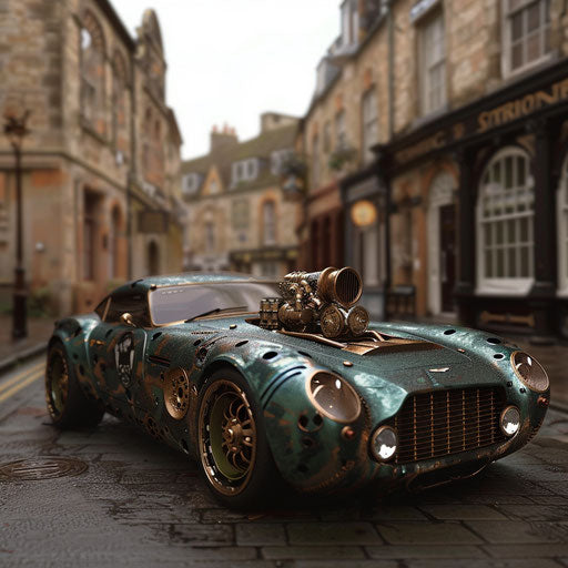 Steampunk Aston Martin DB7 Zagato with brass fittings and gears, parked in an old Victorian town.