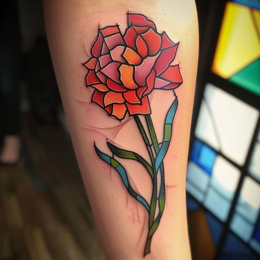 Vibrant carnation tattoo inspired by stained glass, on white.