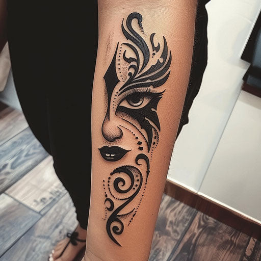 Depression tattoo with tribal elements, in the style of Ami James