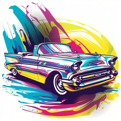 Vibrant flat tattoo sketch of vintage car with bright colors