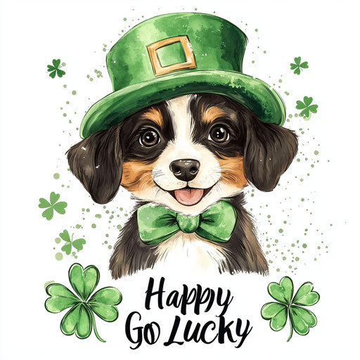 Cute St. Patrick's Day puppy in green hat and clover